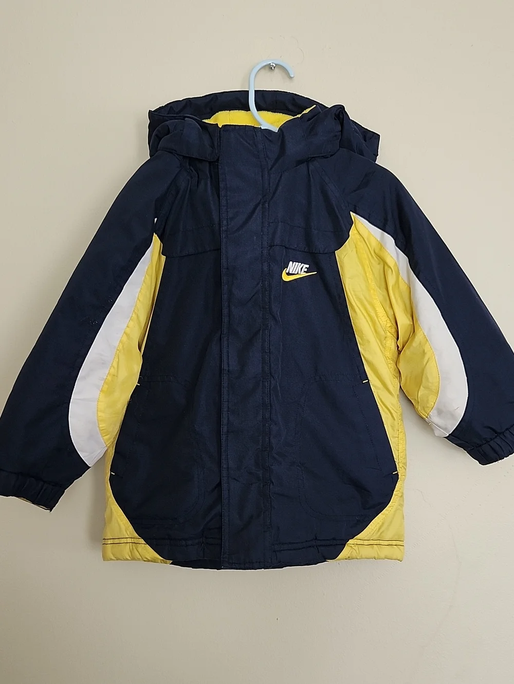 Nike Kids Navy & Yellow Hooded Puffer Jacket, 3T